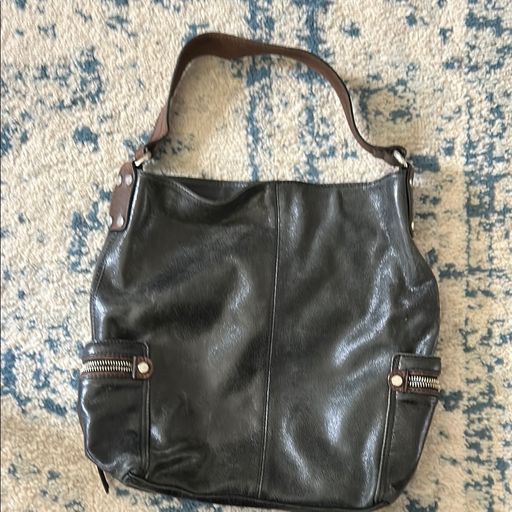 Tano Black Leather Shoulder Bag with Silver Accents